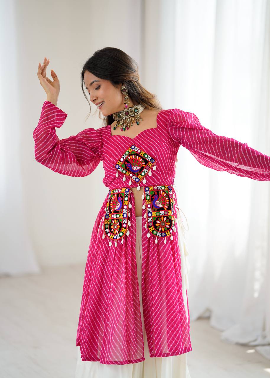 Pink Georgette Top with Digital Print and Thread Work Butter Silk Gota Patti Work Lehenga