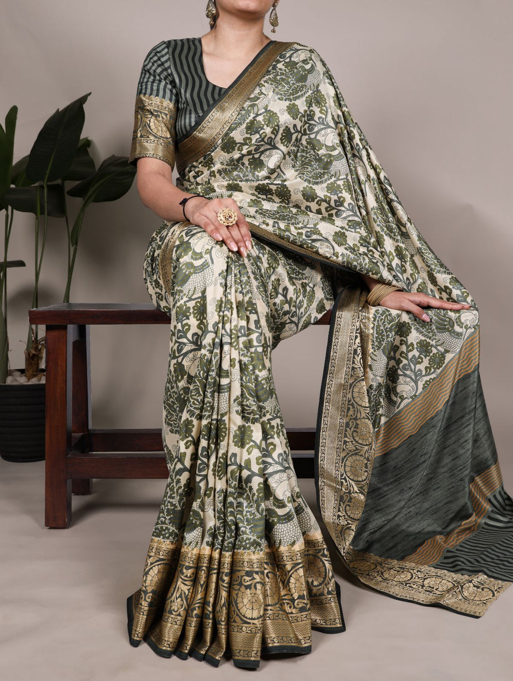 Green Color Tasar Silk Printed Saree with Viscose Border and Blouse