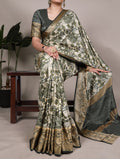 Green Color Tasar Silk Printed Saree with Viscose Border and Blouse