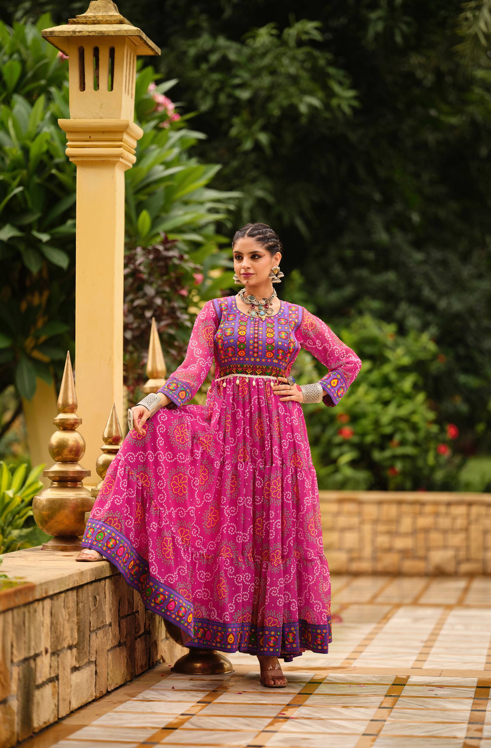 Pink Faux Georgette Gamthi Jacquard Weaving Lace Border Three Layer Ruffle Flair Gown