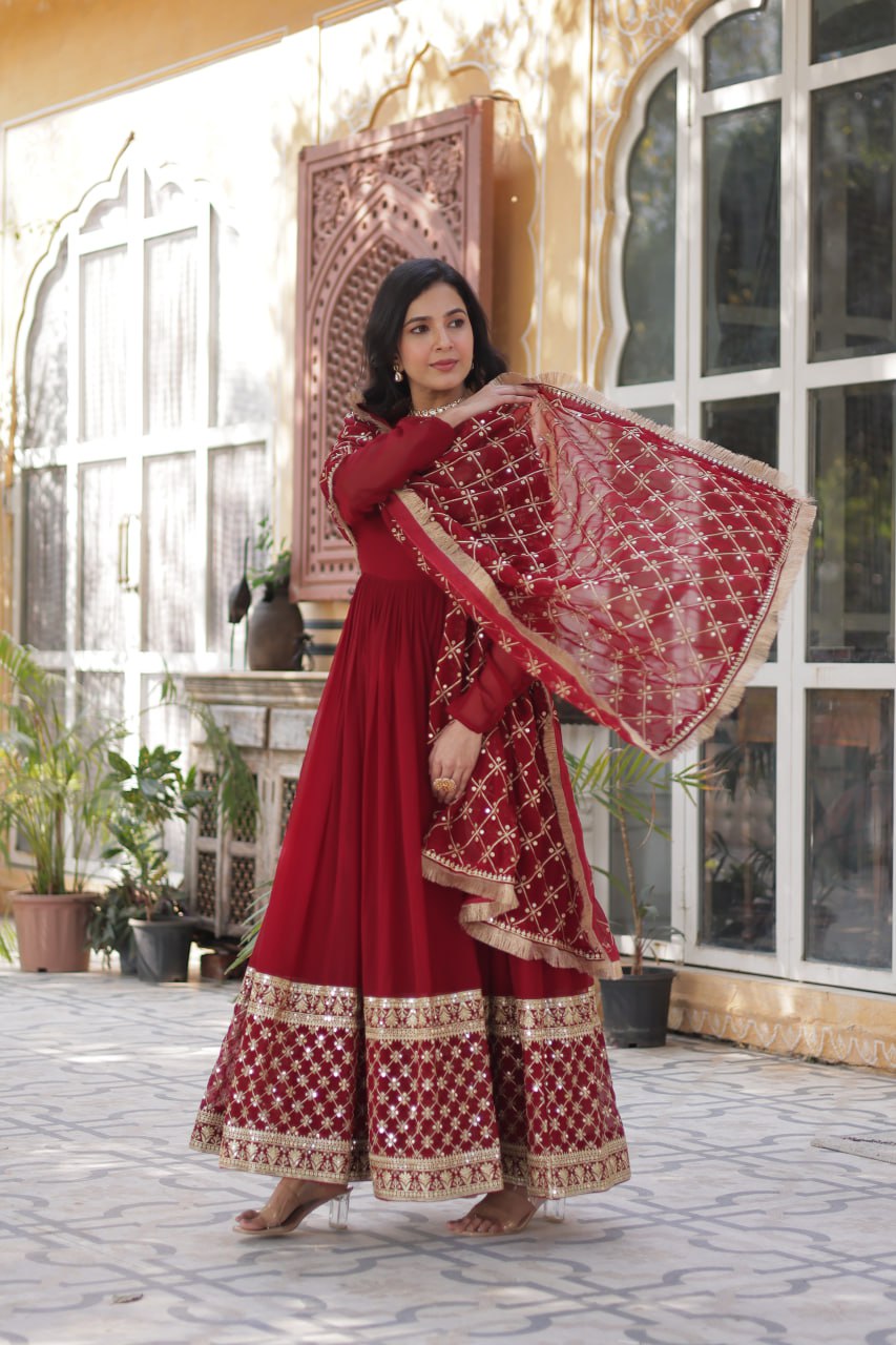 Avishka Maroon Embroidered Anarkali Gown Set