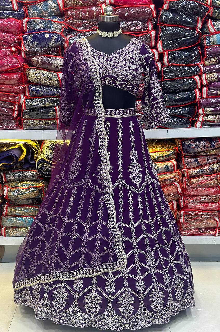 Purple georgette sequins embroidered lehenga choli with net dupatta