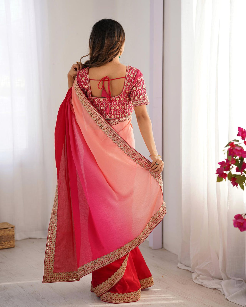 Shanvika pink pure Chinon silk saree with intricate thread embroidery and sequin lace border, paired with unstitched Mono Benglori embroidered blouse fabric – perfect for weddings, festive celebrations, and party wear 