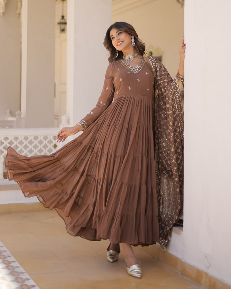 Ridhika brown georgette anarkali gown suit set