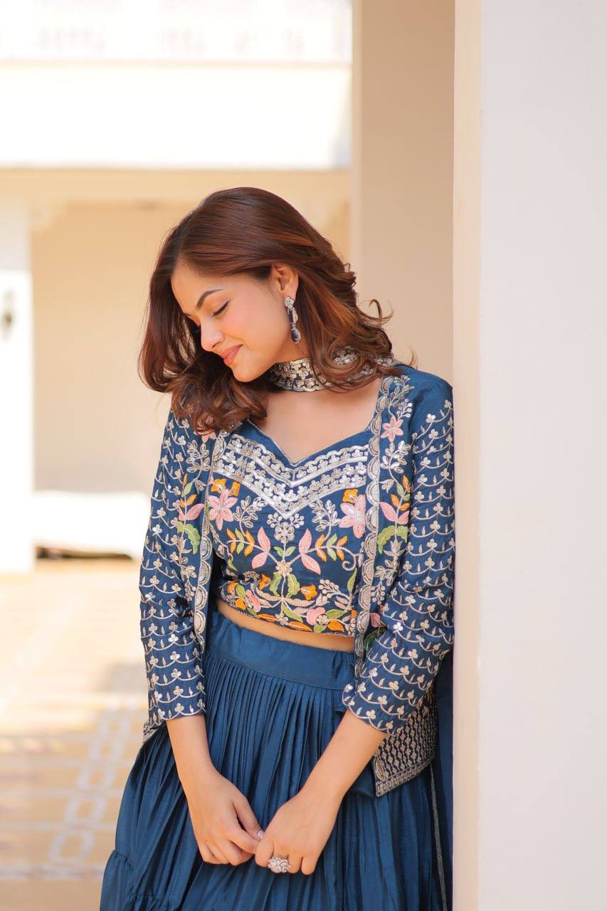Blue chinon embroidered Maanvi designer lehenga choli koti outfit