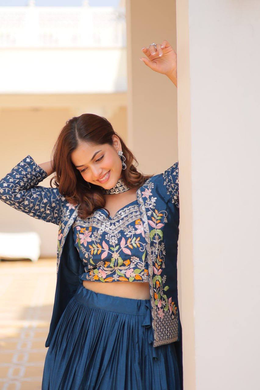 Blue chinon embroidered Maanvi designer lehenga choli koti outfit