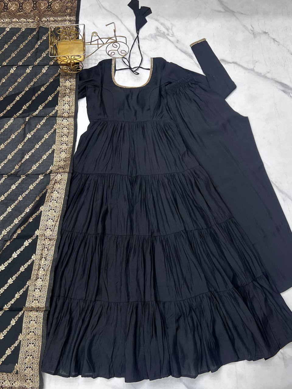 Ashika Roman Silk Flared Black Anarkali Suit