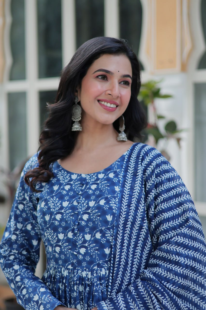 Mahi Blue Pure Cotton Anarkali Set with Dupatta