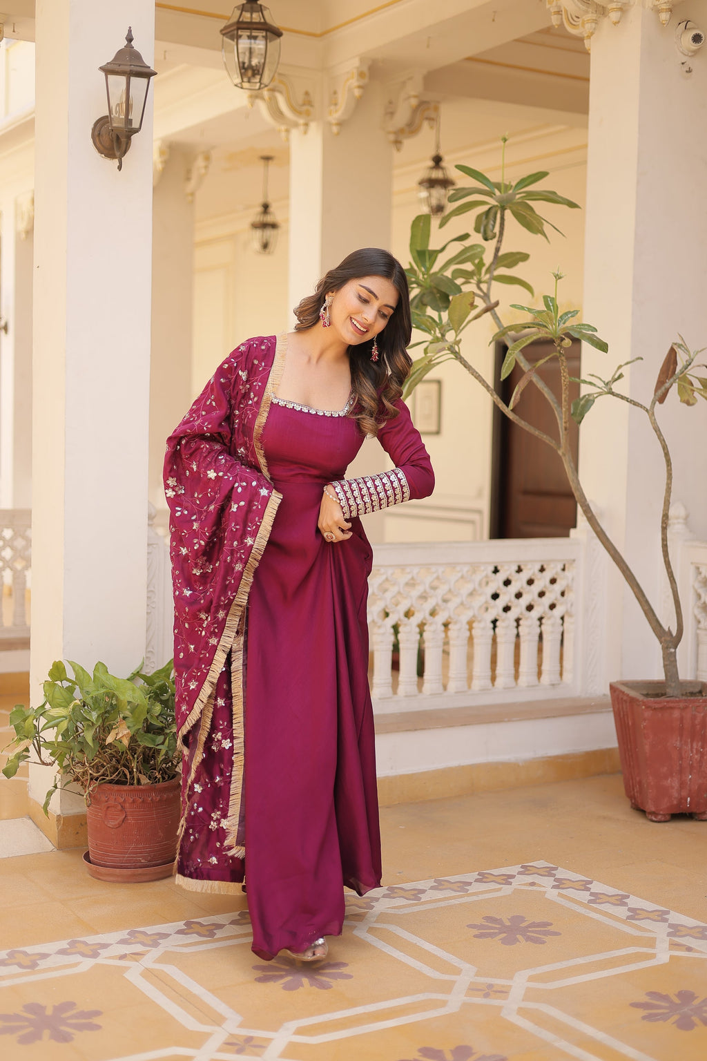 Aparajita Magenta Vichitra Silk Anarkali Gown Set