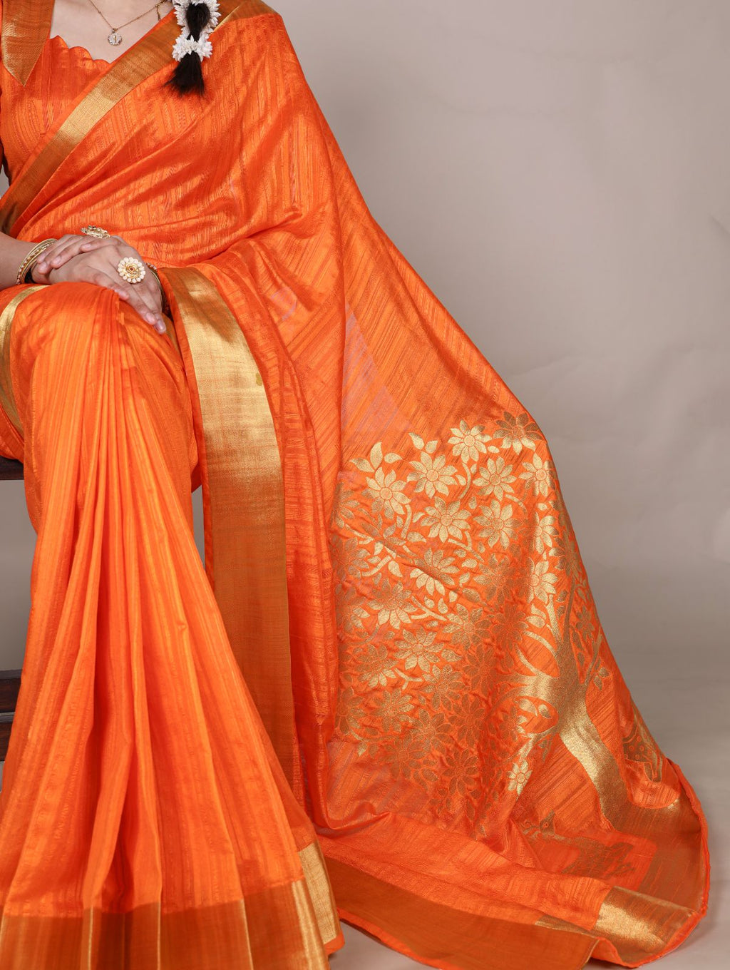 Orange Color Raw Silk Zari Weaving Saree with Unstitched Blouse