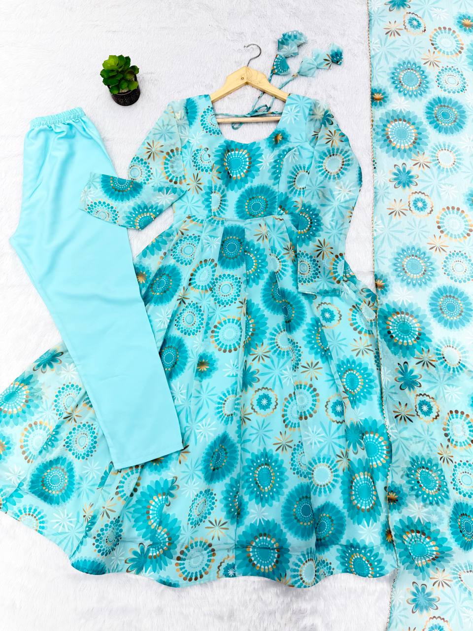 Sky Blue Fox Georgette Floral Print Anarkali Suit Set