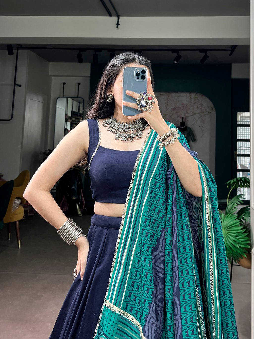 Nandini Blue Reyon Mirror Lace Lehenga Choli