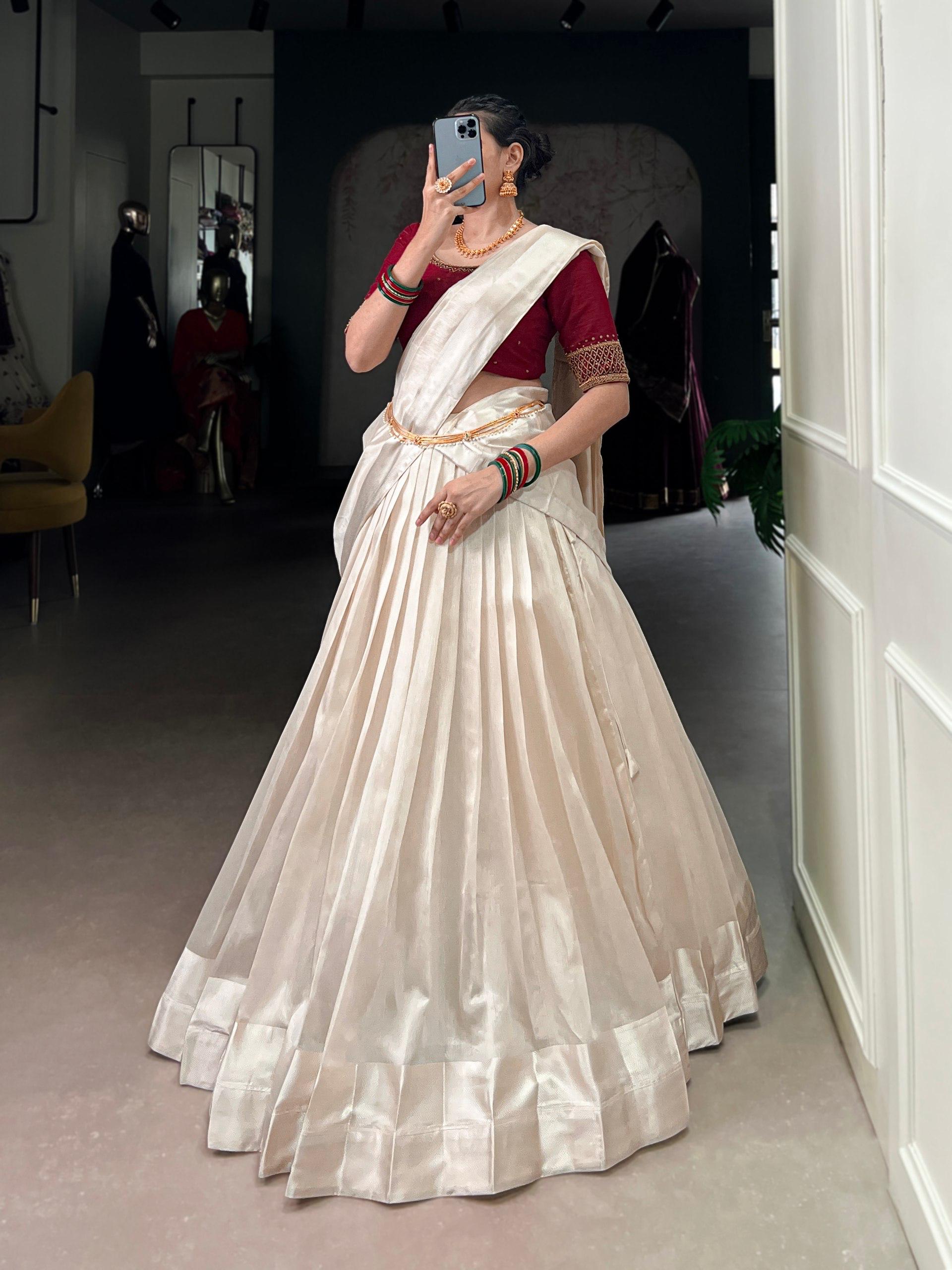 Off White Poly Tasar Viscose Border and Bead Work Traditional Lehenga Choli