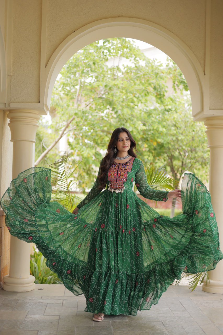 Ira Green Faux Georgette Bandhani Kutchi Patchwork Gown