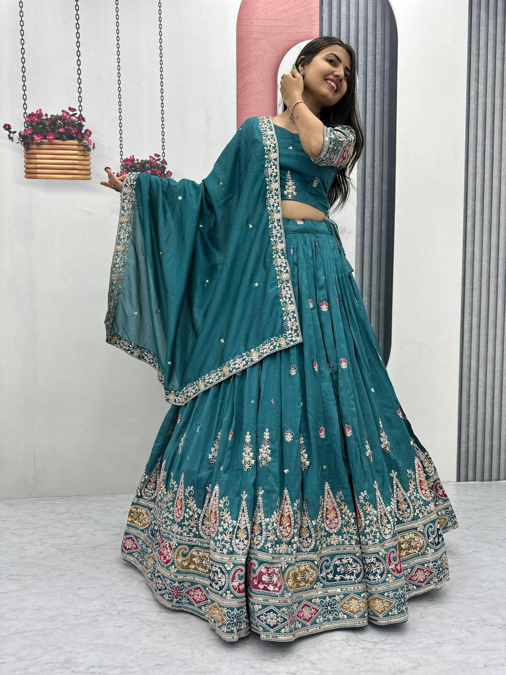 Raji Teal Green Vichitra Silk Embroidery Sequins Thread Work Lehenga Choli with Dupatta