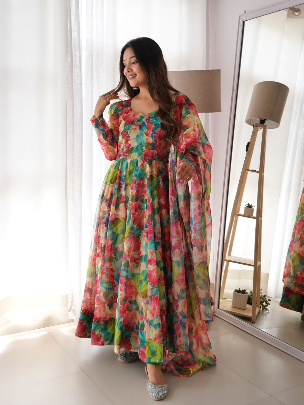 Surbhi tabby silk anarkali trio in organza suit set