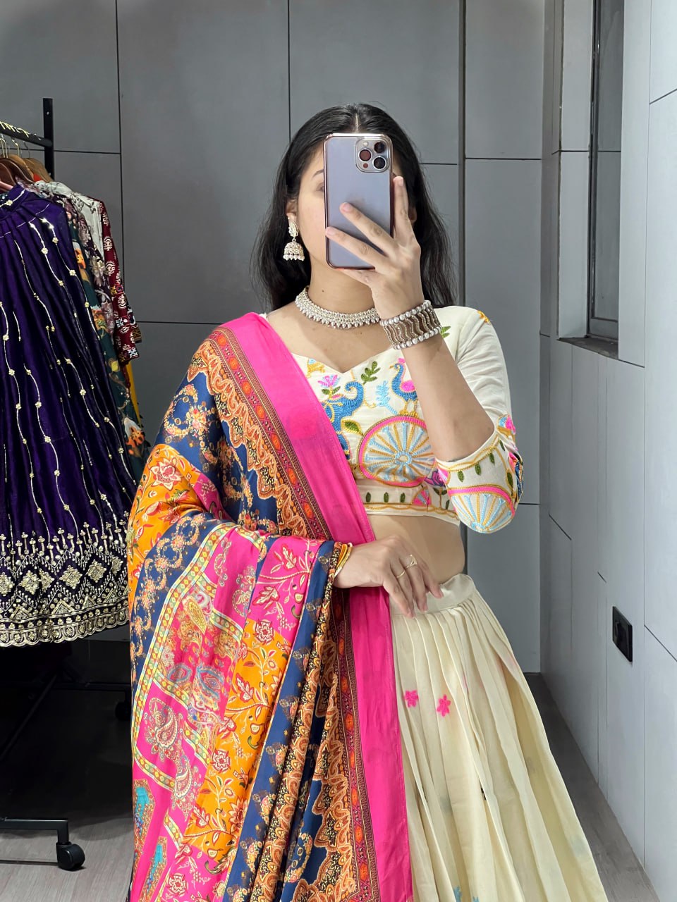 Off-White Cotton Embroidered Lehenga with Pink Color Gaji Silk Dupatta