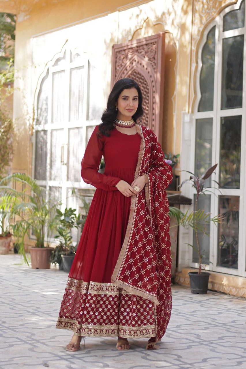Avishka Maroon Embroidered Anarkali Gown Set