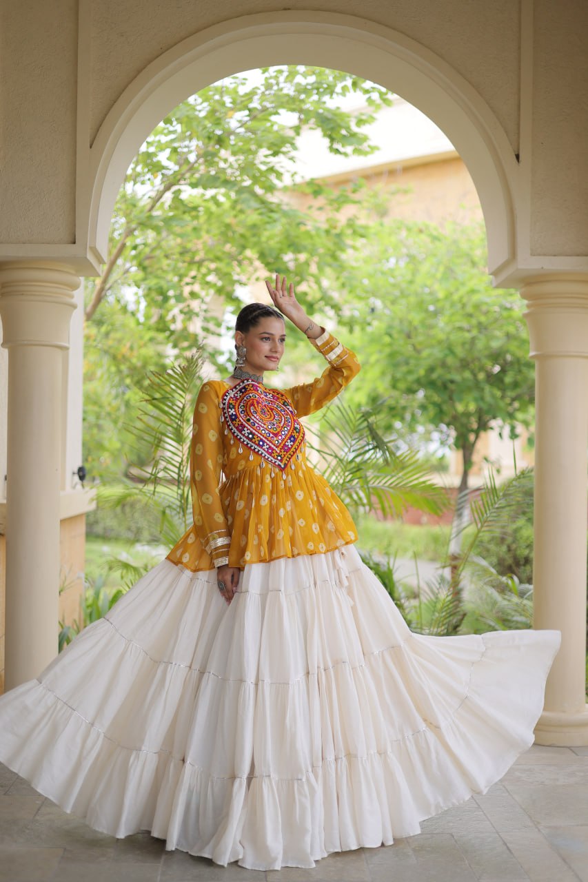 Charvi Yellow Kora Cotton Bandhni Kutchi Gamthi Lehenga