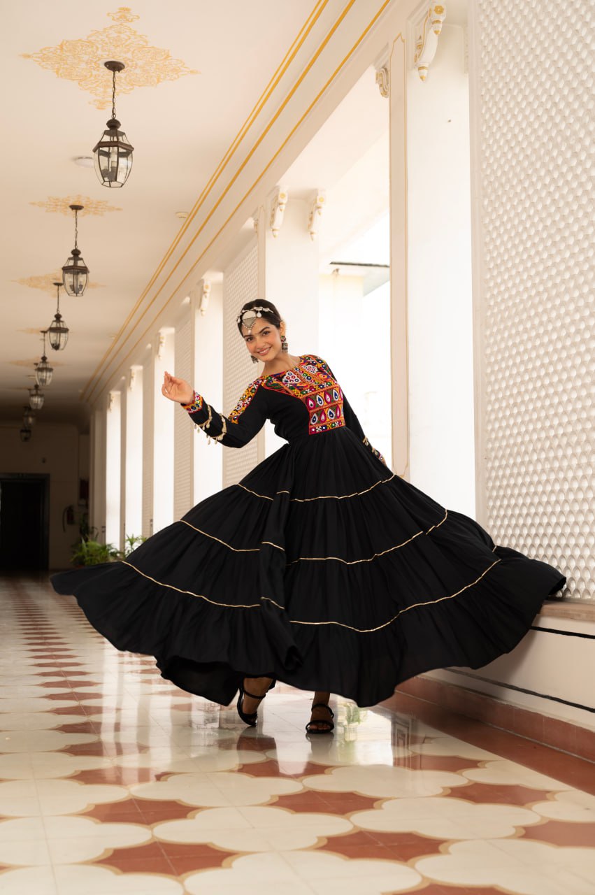Black Kora Cotton Kutchi Gamthi Mirror Work and Kodi Lace Gown