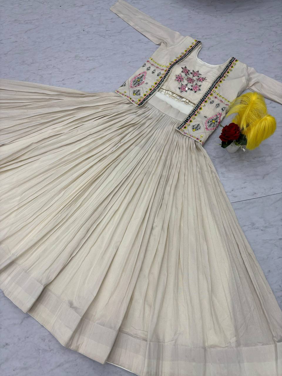 Off-White Tissue Shimmer Handwork Real Diamond Work Lehenga Choli with Jacket