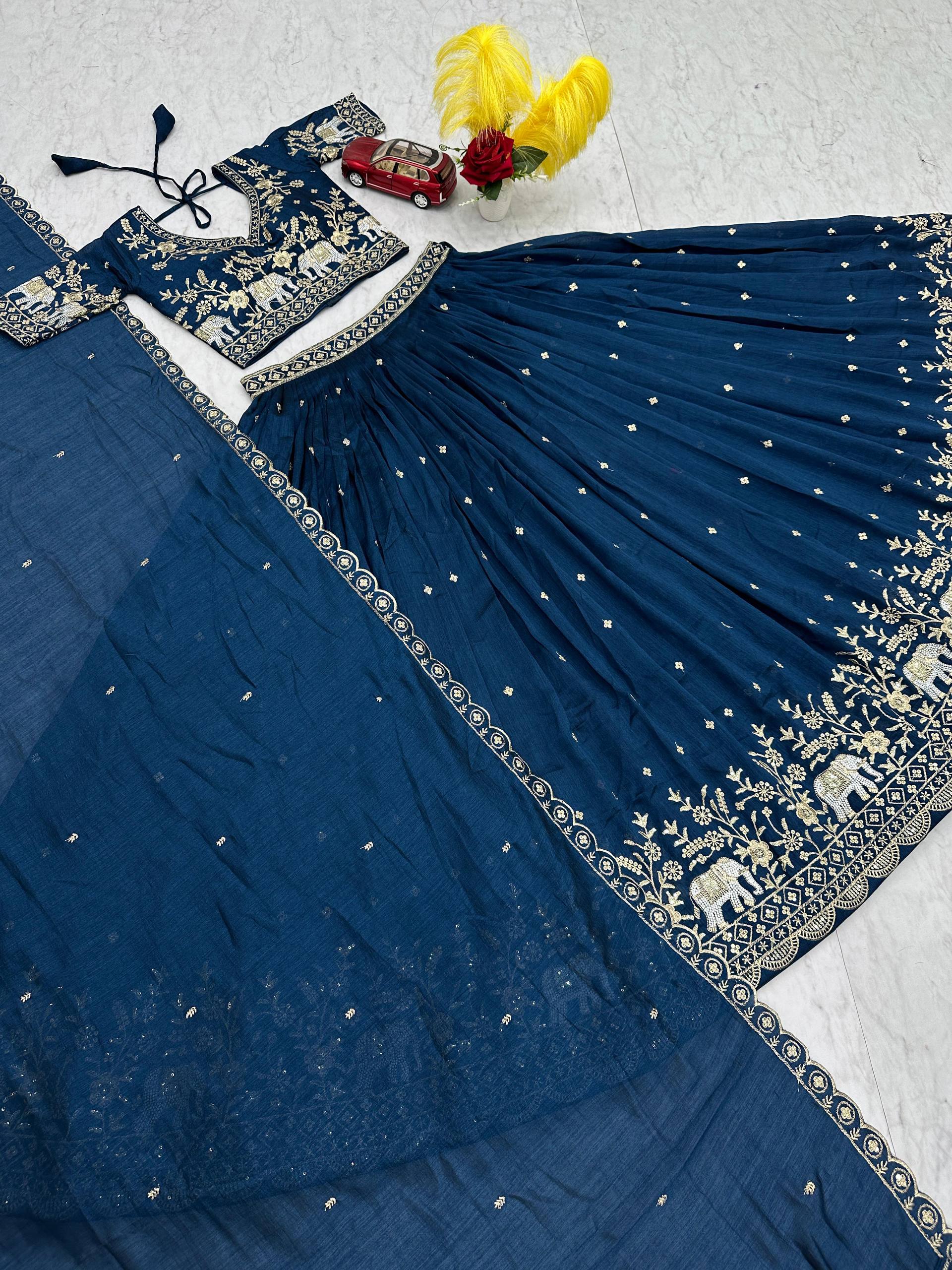 Gopi Teal Blue Vichitra Silk Embroidery Sequins Thread Work Lehenga Choli