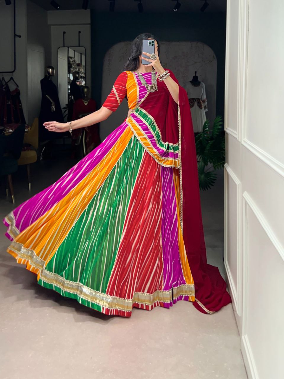 Multicolor georgette Leheriya print lace work Navratri lehenga choli