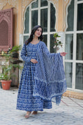 Mahi Blue Pure Cotton Anarkali Set with Dupatta