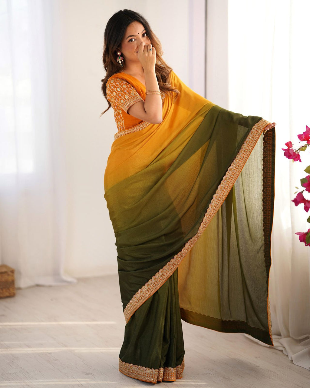 Shanvika yellow green pure Chinon silk saree featuring intricate thread embroidery and sequin lace border, paired with unstitched Mono Benglori embroidered blouse fabric – ideal for weddings, festive occasions, and party wear 