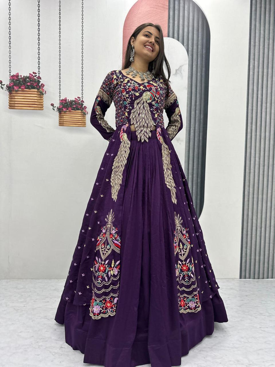 Mani purple Vichitra silk crop top peacock design lehenga with embroidered shrug