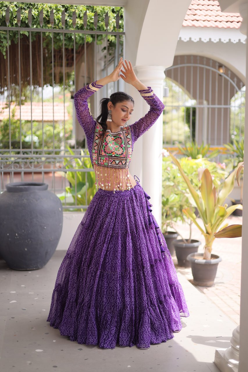 Anjali Purple Faux Georgette Bandhani Kutchi Patchework Lehenga