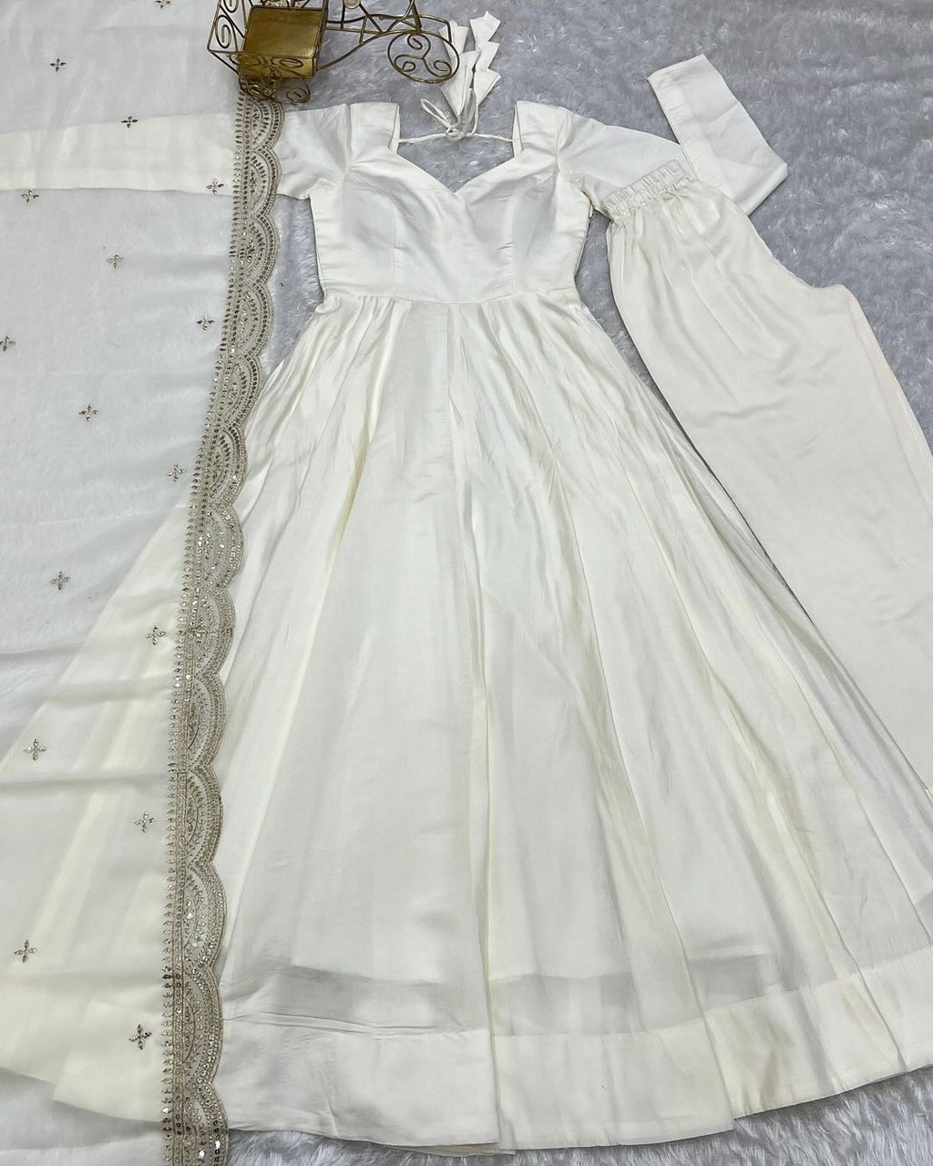 Prema white chanderi silk anarkali suit set