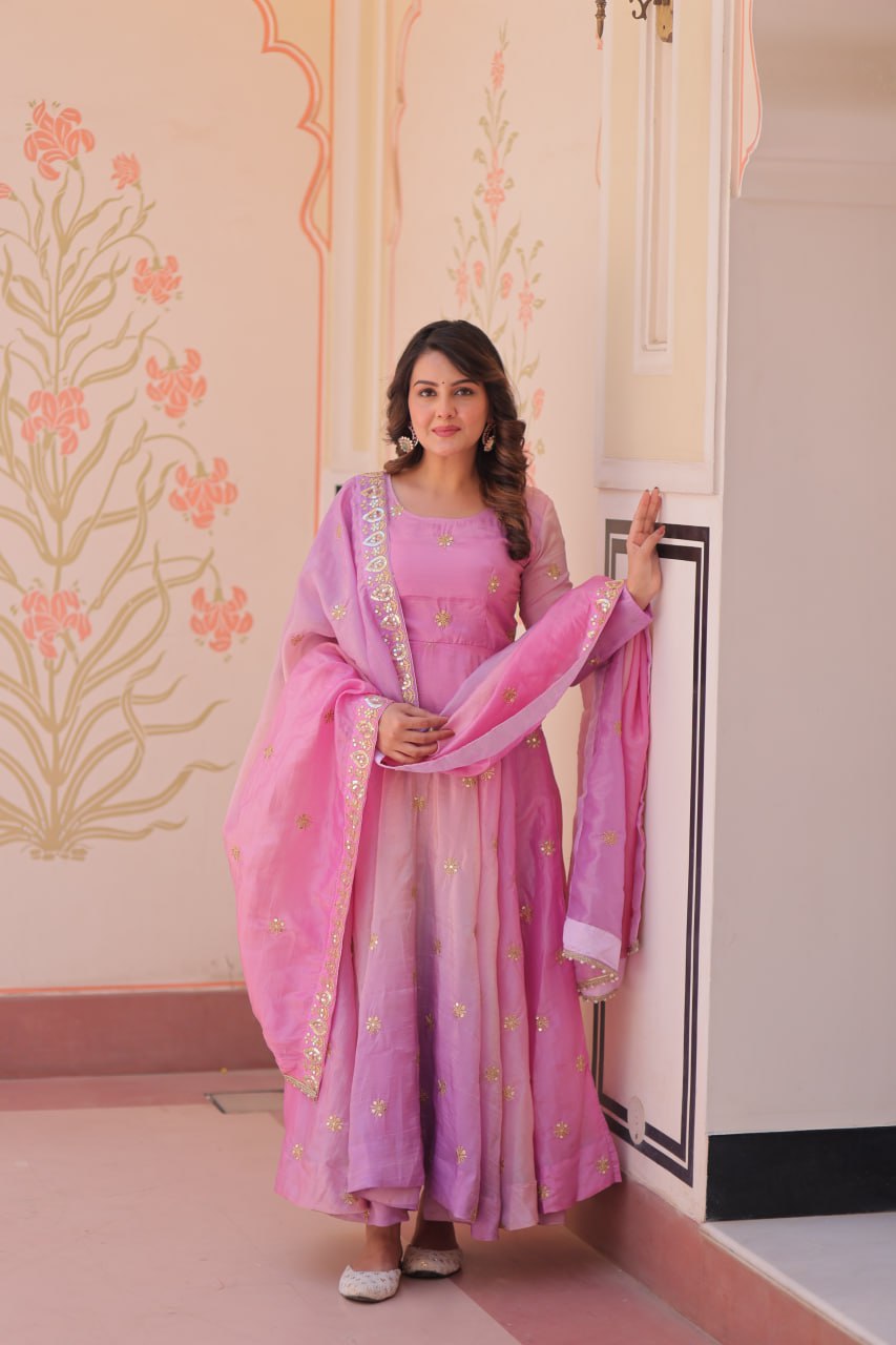 Pink Organza Flair Sequins Zari Embroidery Gown with Dupatta