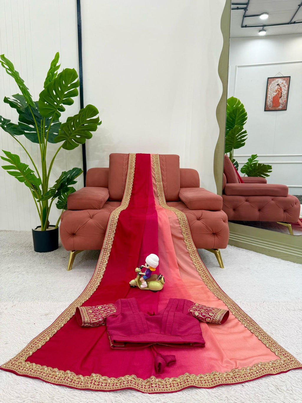 Shanvika pink pure Chinon silk saree with intricate thread embroidery and sequin lace border, paired with unstitched Mono Benglori embroidered blouse fabric – perfect for weddings, festive celebrations, and party wear 