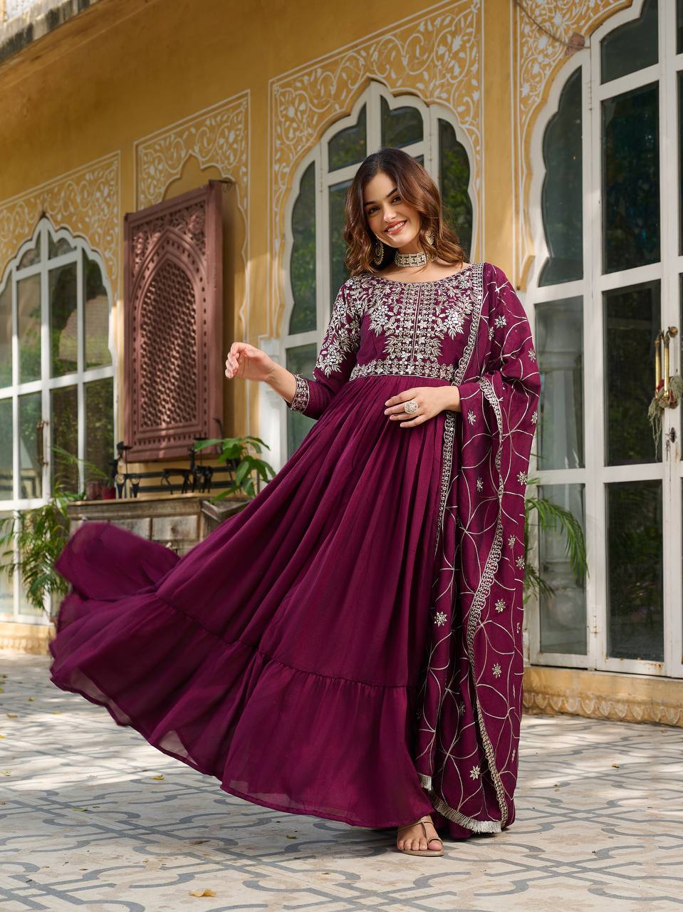 Piya Wine Color Vichitra Silk Sequins Embroidered Gown with Dupatta