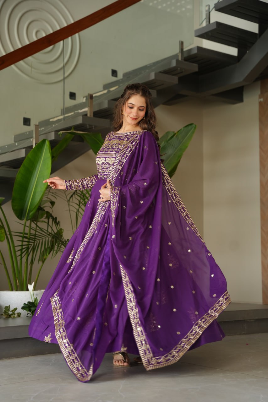 Purple Chinnon gown set with multi-colored sequins and beads embroidery, full sleeves, and matching embroidered dupatta – ideal for festive and wedding occasions