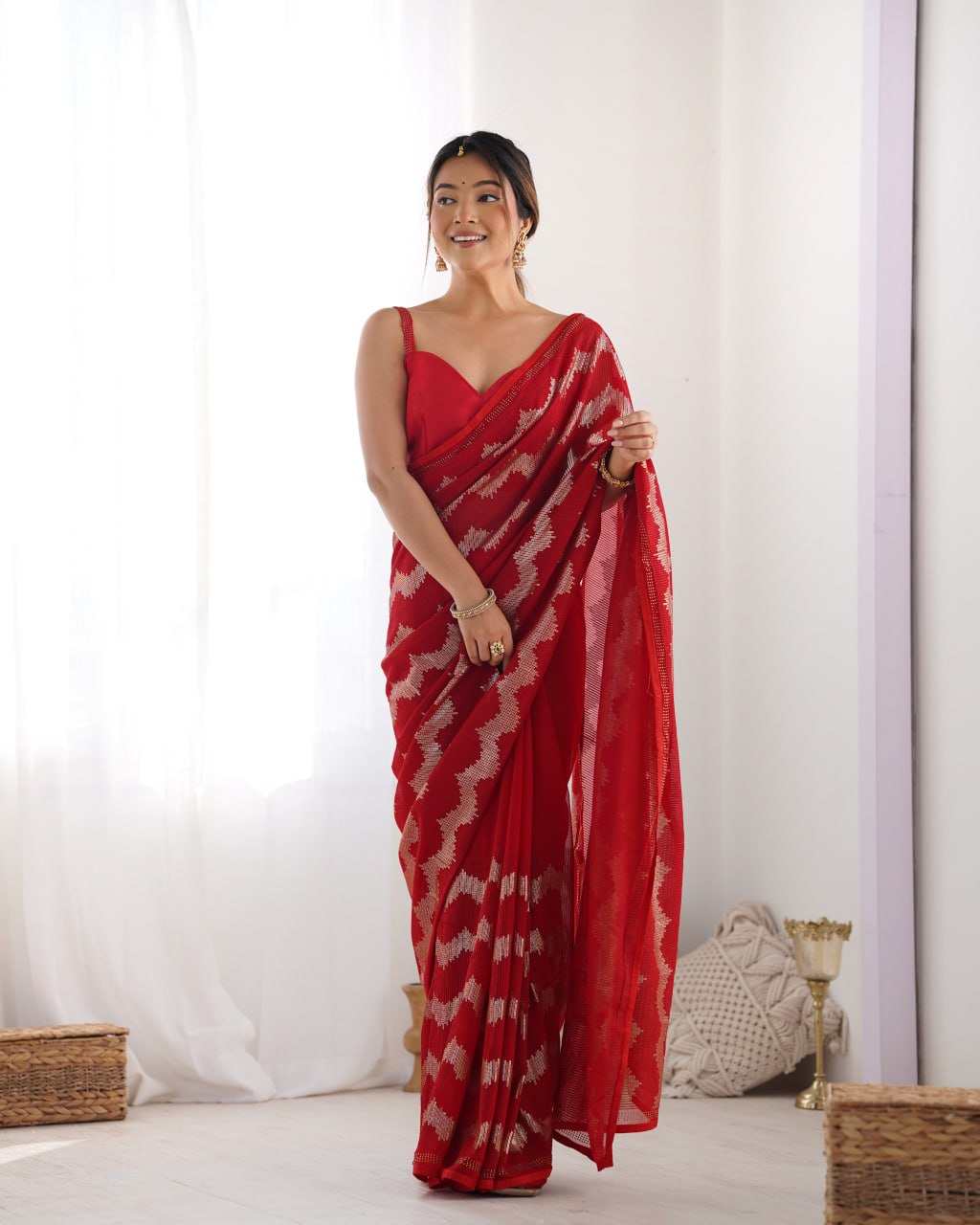 Red georgette saree with sequin & Seroski diamond work, bridal party wear saree with satin blouse, designer ethnic wear by Trinaari for weddings.