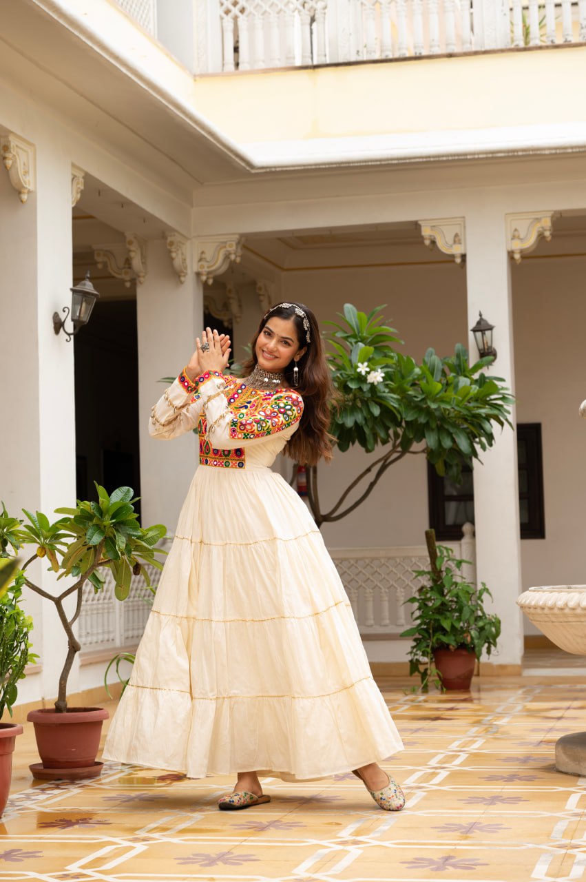 Off-White Kora Cotton Kutchi Gamthi Mirror Work and Kodi Lace Gown