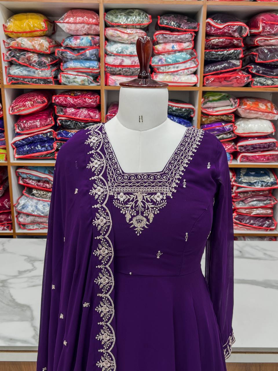 Purple Anarkali suit in soft Fox Georgette with 6.5-meter flair, zari & beads embroidery, lace sleeves & dupatta – stitched & ready-to-wear.