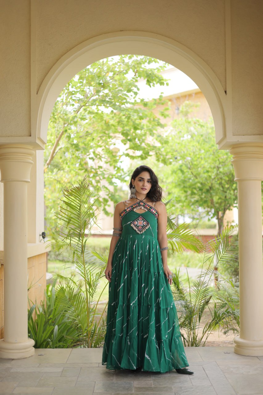 Bhavna Green Faux Georgette Laheriya Kutchi Patchework Gown