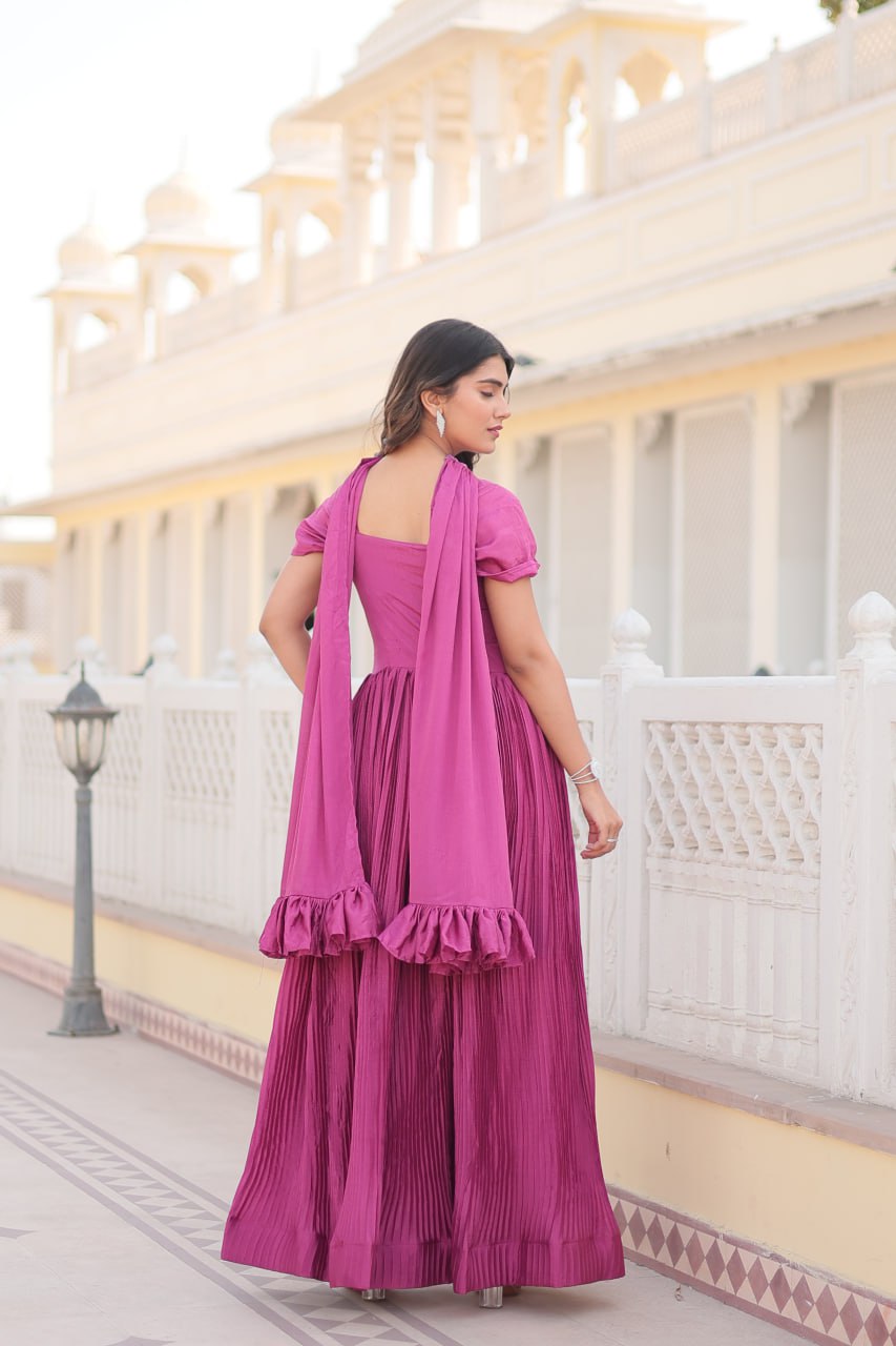 Shanta chinon pink printed anarkali gown set