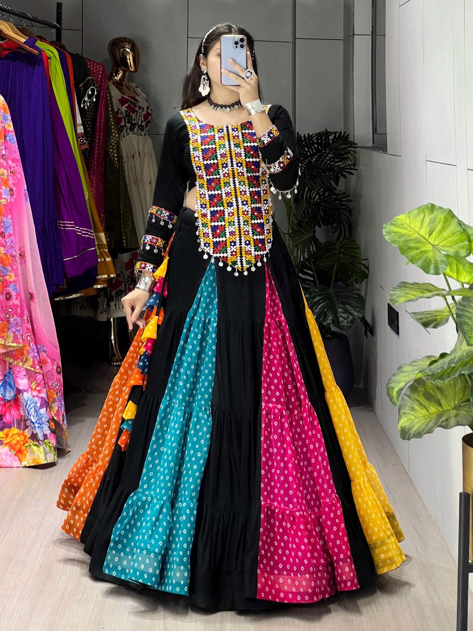 Black multicolor rayon cotton Bandhani print Kutchi mirror work top lehenga