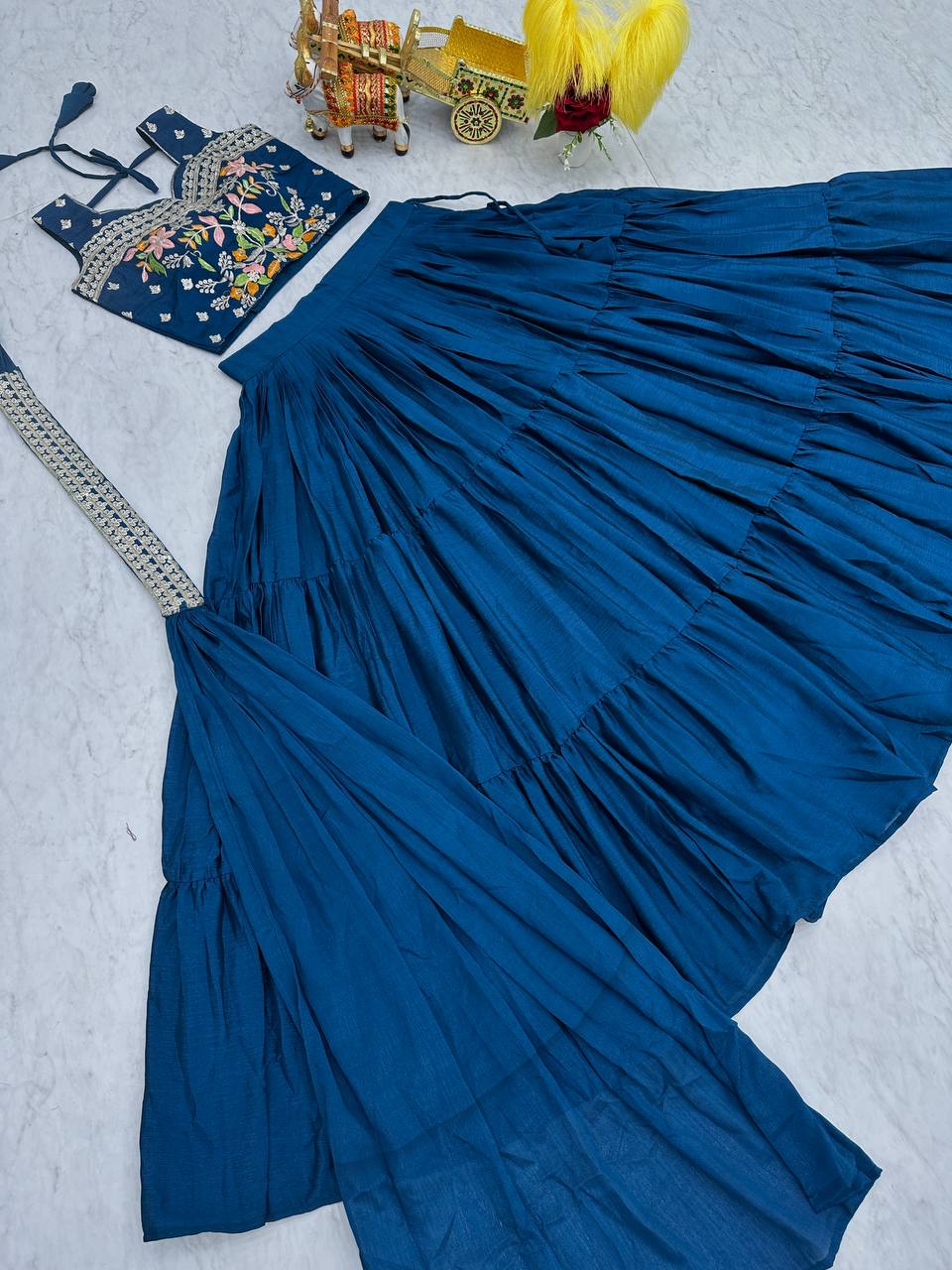 Blue chinon embroidered Maanvi designer lehenga choli koti outfit