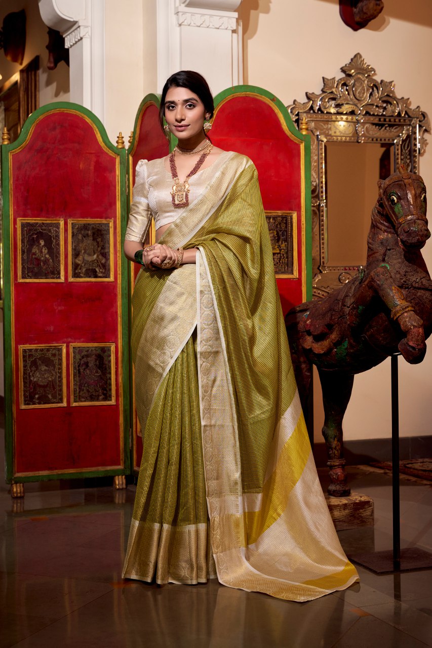 Green Jacquard Chex Saree with Zari Weaving Work Blouse