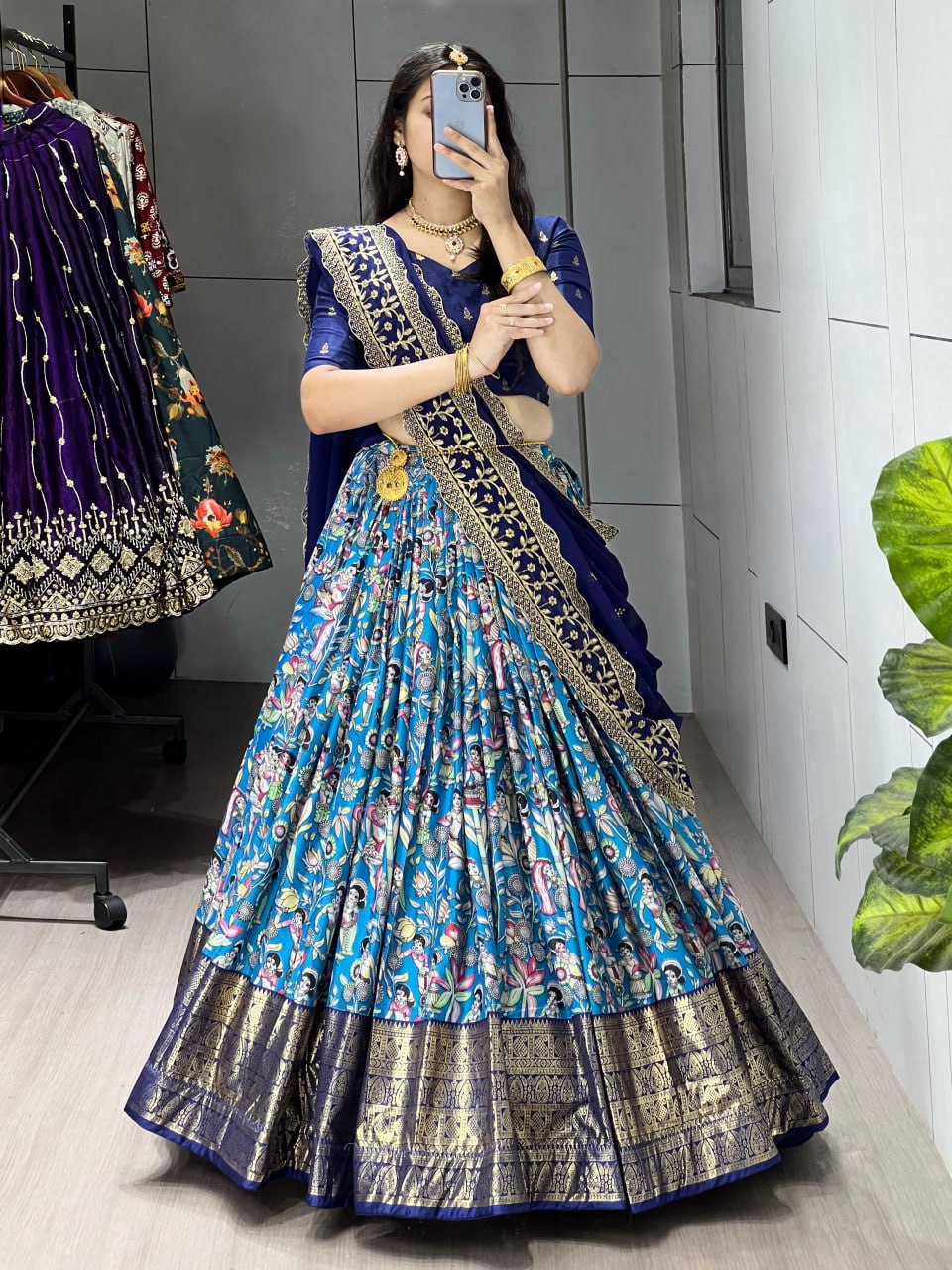 Blue Color Kalamkari Soft Dola Silk Half Saree Lehenga with Embroidered Dupatta