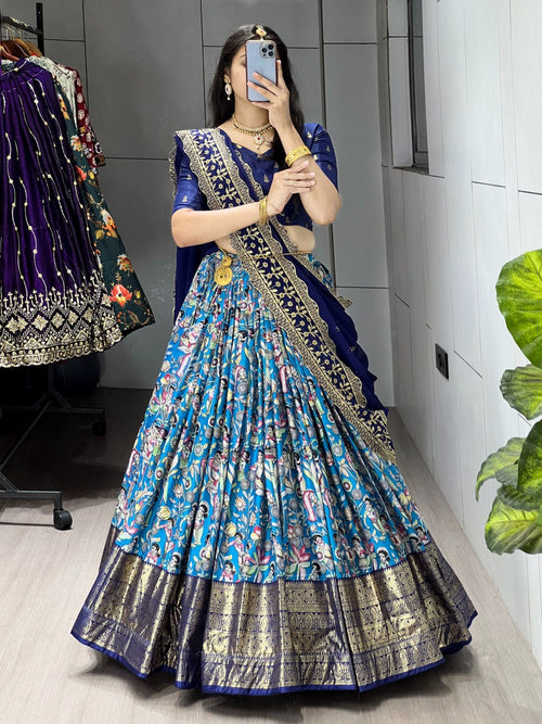 Blue Kalamkari soft dola silk half saree lehenga with embroidered dupatta