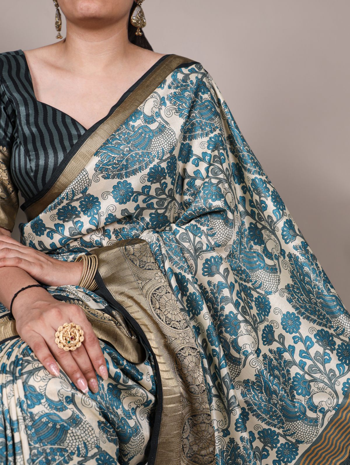 Teal Blue Color Tasar Silk Printed Saree with Viscose Border and Blouse
