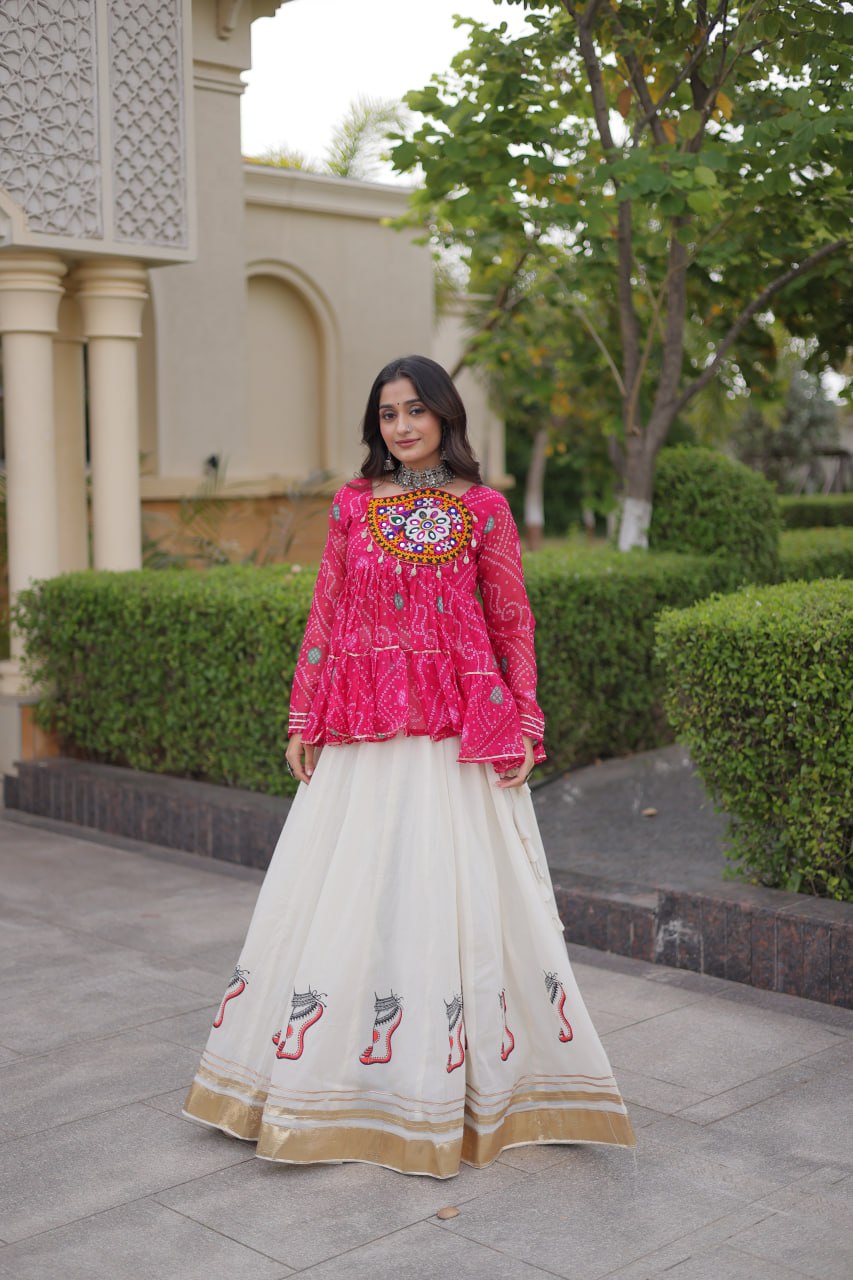 Harshita Pink Kora Cotton Gota-Lace Bandhani Lehenga