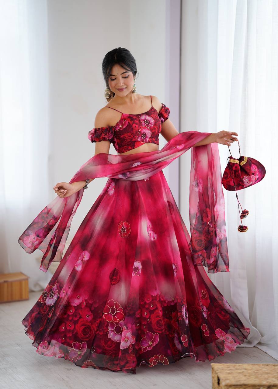 Red pure organza digital print zari work lehenga choli with batwa bag