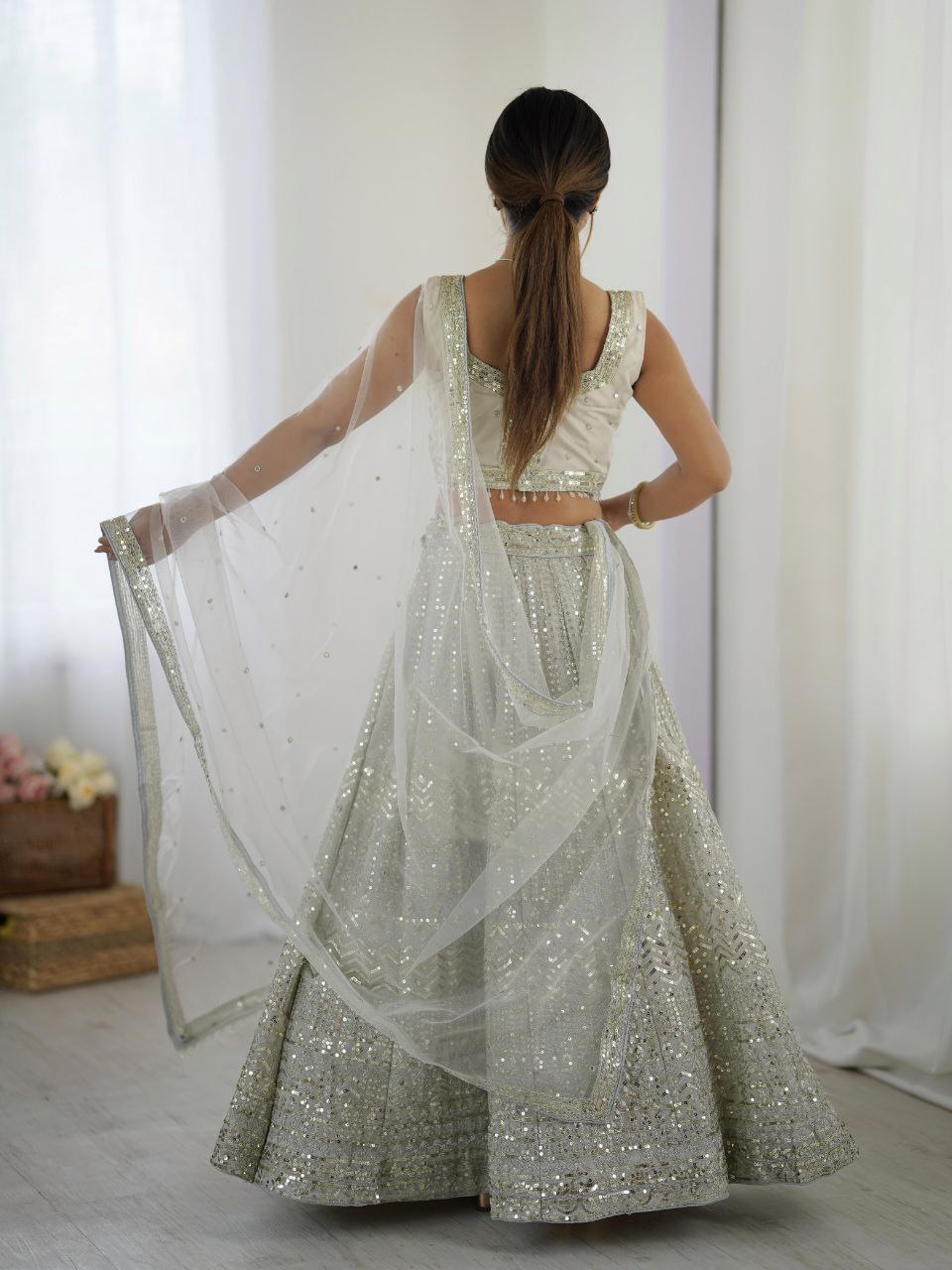Silver grey georgette sequins and dori work lehenga choli with dupatta